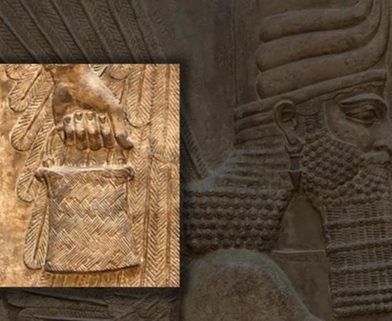 Inset; Bucket/ banduddû from the north wall of the Palace of king Sargon II, and a four-winged genie in the Bucket and cone motif. 