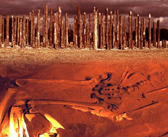 Skeletal remains and recreation of a prehistoric timber circle 
