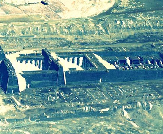 The imposing mortuary temple of Ramesses III at Medinet Habu. Design by Anand Balaji.