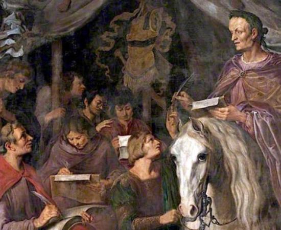 Julius Caesar on Horseback, Writing and Dictating Simultaneously to His Scribes by Jaques de Gheyn II (1629) (Public Domain)