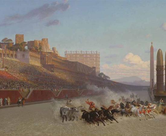 Chariot race in Rome's Circus Maximus, as if seen from the starting gate. The Palatine Hill and Imperial palace are to the left, by Jean Léon Gérôme (1876) (Public Domain)