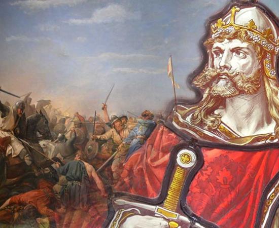 Stained Glass of King Harald (Colin Smith/CC BY-SA 2.0) and Battle of Stamford Bridge by Peter Nicolai Arbo