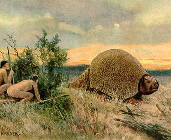 Illustration of Paleo-Indians hunting a glyptodont by Heinrich Harder (1858-1935)