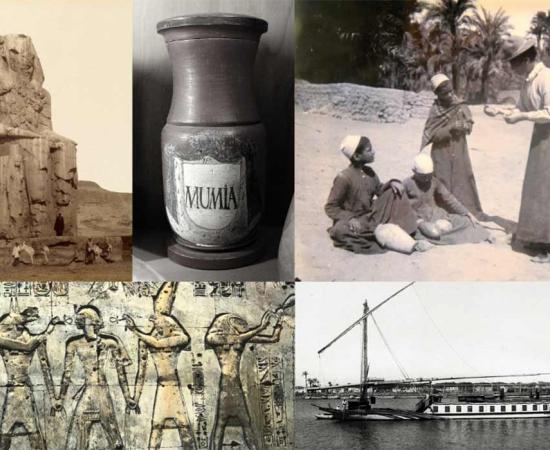 The Colossi of Memnon on the Theban West Bank. Antonio Beato. Brooklyn Museum. (Public Domain); An 18th century apothecary vessel with the inscription MUMIA. Deutsches Apothekenmuseum Heidelberg (Public Domain); Amy, Flinders Petrie's sister-in-law, buying antiquities at Abydos, circa 1899. © The Petrie Museum of Egyptian Archaeology, UCL, London. (Osama Shukir Muhammed Amin / CC BY-SA 4.0); One of the dahabeahs of Thomas Cook & Son, (Egypt) Ltd. Brooklyn Museum Libraries. Wilbour Library of Egyptology. (Ju