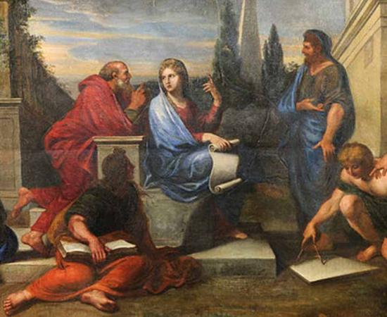 Aspasia surrounded by Greek philosophers, by Michel Corneille the Younger  (1670) Versailles (Public Domain)