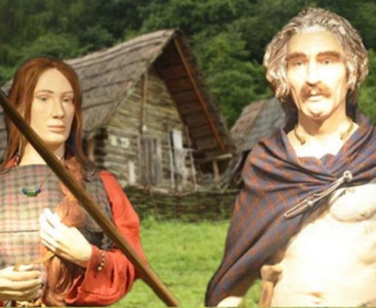 Deriv; Reconstructed shape of a farmstead from the Upper Iron Age (300-100 B.C.) and diorama featuring two Celtic tribes people.