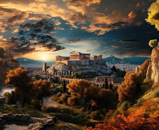 A fantastical rendering of an ancient Greek cityscape 