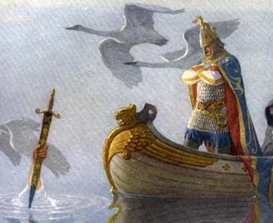 The Fisher King is an immortal king in Arthurian legend. Painting of King Arthur in boat, being presented with sword Excalibur. 