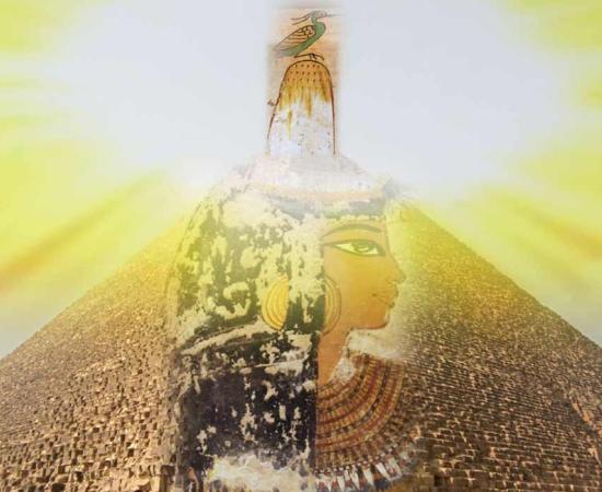 An Egyptian woman wearing a mysterious wax head cone, which is morphing 2) into the benben stone, atop which sits 3) the bennu bird, symbol of resurrection, all set before 4) the Great Pyramid, the architectural climax of mound expressionism, behind which rises 5) the morning sun, called weben by the Egyptians. This rhymed with benben, and provided an important linkage between the rising of the primeval mound and the solar disc. (Image: Design by Jonathon Perrin)