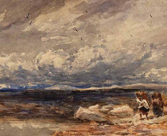 On Carrington Moss, shows individuals gathering material for besoms by David Cox (1851) (Public Domain)