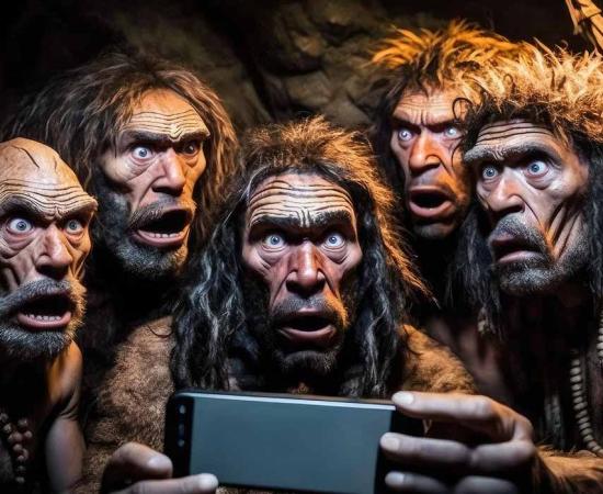 Cavemen puzzled by a mobile phone  ( Blue Planet Studio/Adobe Stock)