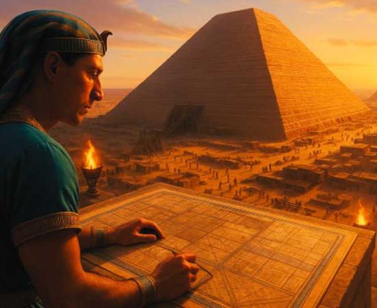 Artistic visualization of a pharaoh supervising pyramid construction