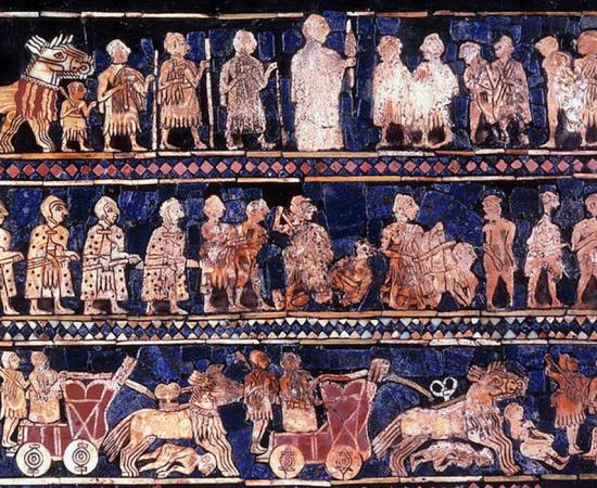 The Standard of Ur mosaic, from the royal tombs of Ur, is made of red limestone, bitumen, lapis lazuli, and shell. The "war" side of the Standard of Ur shows the king, his armies, and chariots trampling on enemies. (Public Domain)