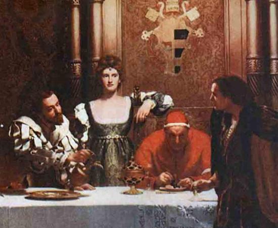 The House of Borgia is depicted here as “A glass of wine with Cesare Borgia,” a painting that clearly shows the wealth and power (church power) of this illustrious and infamous family. Photo source: John Collier /  Public domain