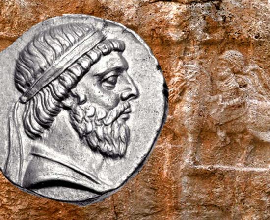 Coin of Mithridates I of Parthia (Classical Numismatic Group, Inc. http://www.cngcoins.com/CC BY-SA 3.0) and Relief of Mithridates I at Xong-e Ashdar in Izeh, Khuzest?n (Pentocelo/CC BY-SA 3.0);Deriv.