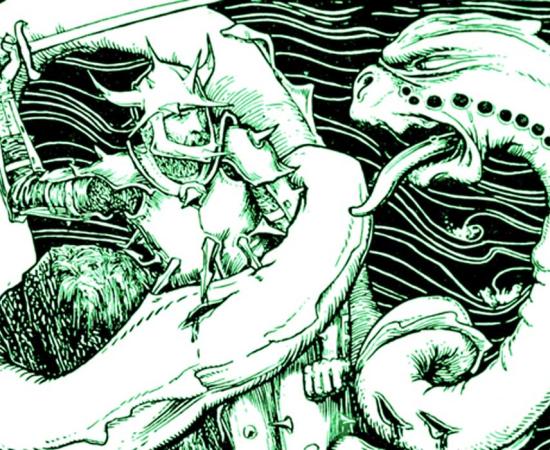 Illustration from book in a series of fairy tales. A warning to children. John Lambton fights the Wrym