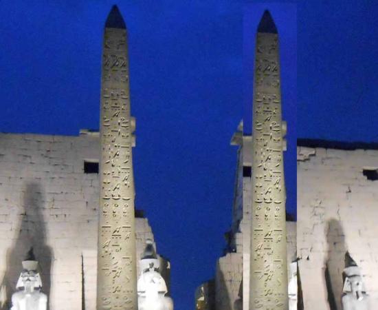 Photoshopped image of what twin obelisks at the entrance to the Luxor Temple would have looked like. (Image © Donald B Carroll)
