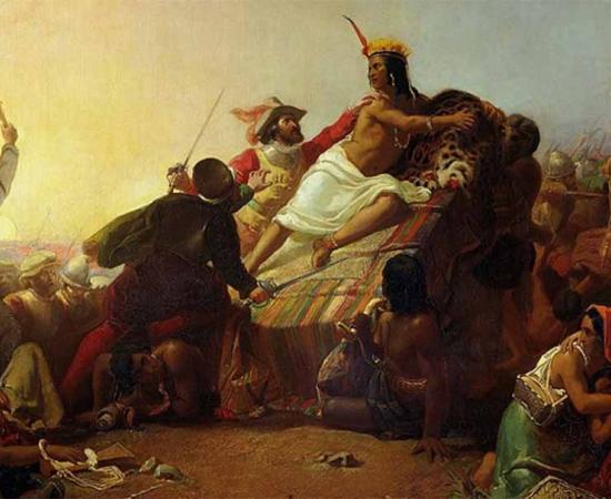 Painting "Pizarro Seizing the Inca of Peru", by John Everett Millais, showing Pizarro in the act of capturing the king of the Inca Atahualpa.	Source: Public Domain