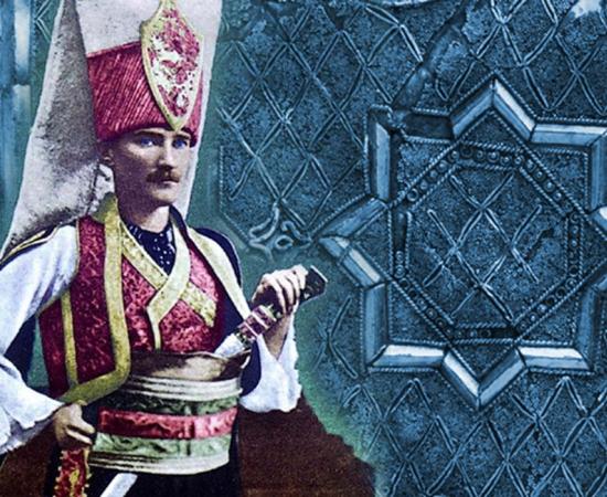 Mustafa Kemal Atatürk wearing the traditional Janissary uniform (Public Domain), and ornament from a Janissary's Cap, 17th century Turkey 