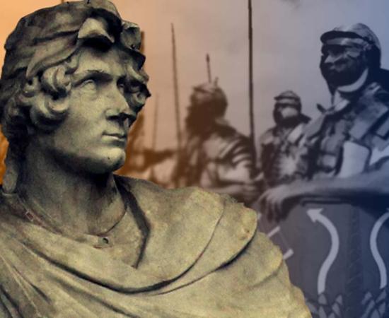 Statue of Roman Soldier (Public Domain), and recreators of Roman legionaries wearing the lorica segmentata, 1st-3rd century (Caliga10/CC BY-SA 3.0); Deriv.