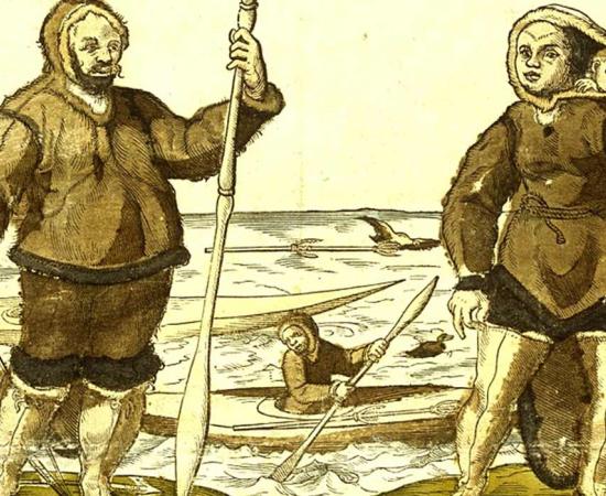An anonymous 1578 illustration believed to show Kalicho (left), and Arnaq and Nutaaq (right) (Public Domain)