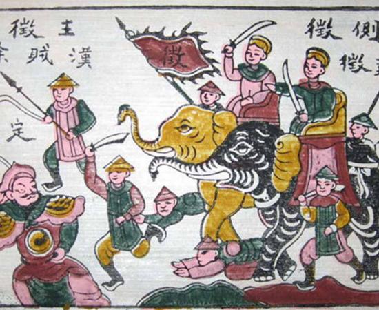 Trung sisters riding elephants. ?ông H? painting. (Public Domain) 