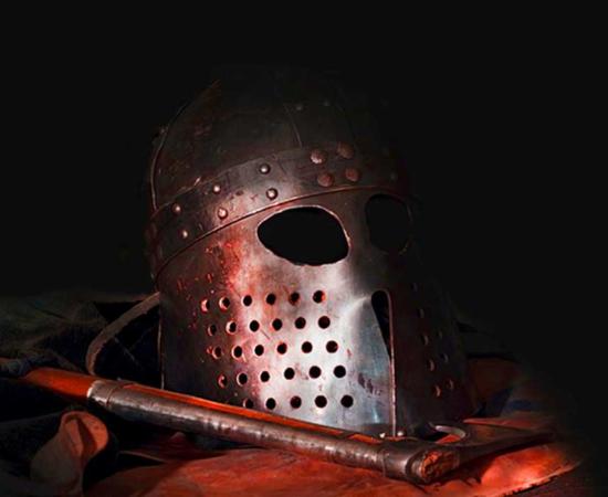 Recreated Viking helmet and weapon 