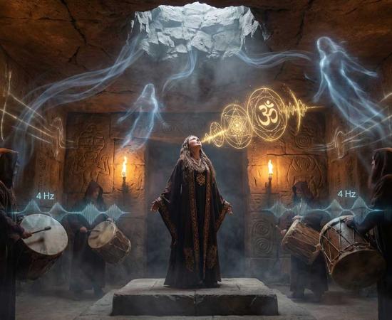 A concept of a mystical ancient ritual scene in an underground stone chamber. 