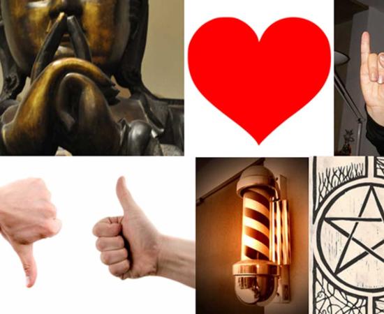 Acollection of ancient signs and symbols: Buddha’s hands forming a mudra. (CC BY SA 3.0) A heart. (Public Domain) Devil’s horns hand sign. (Ra Boe/CC BY SA 3.0) Thumbs up and down. (CC0) A barber’s pole. (Dave Barr/CC BY SA 2.0) A pentagram. (Sam Kelly/CC BY 2.0)