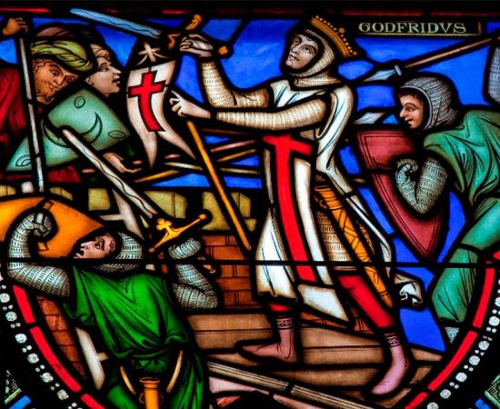A stained glass representation of the First Crusade, Crusaders and the siege of Jerusalem. Source:  jorisvo/Adobe Stock