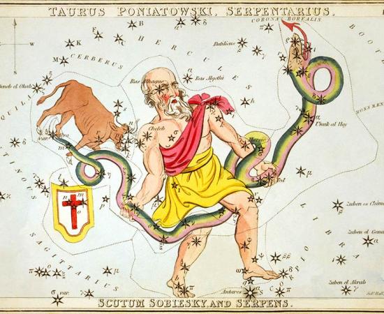 Ophiuchus, the 13th zodiac sign, as depicted in Urania’s Mirror, a set of constellation cards published in London c. 1825.	Source: Sidney Hall / Public domain
