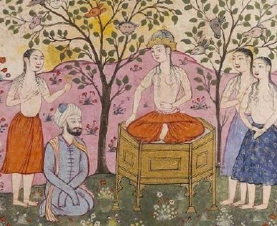 This 14th-century Persian painting portrays a scene from the Kushnameh in what scholars believe could be the betrothal of prince Abtin (kneeling) and Silla princess Frarang (sitting). (Hanyang University Museum)