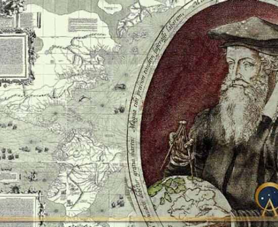 Mercator world map Public Domain and Gerardus Mercator of Rupelmonde at the age of 62 by Frans Hogenburg (1574) (Public Domain)