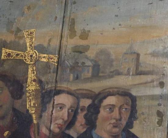 16th century painting of Wilfred receiving a charter from King Cædwalla.	Source: Chichester Cathedral/UCL