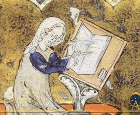Marie de France from an illuminated manuscript (Public Domain)