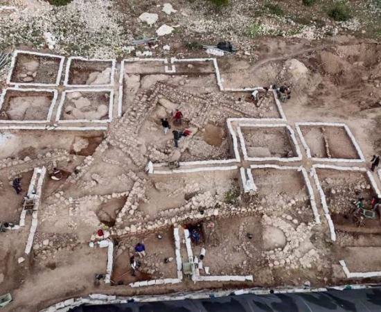 Aerial view of the excavation at Hurvat Husham, which revealed an early temple and settlement .