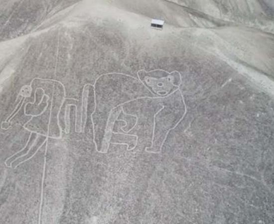 A depiction of a flying human tethered to a monkey. The geoglyphs pre-dating the Nazca lines show many more human designs.