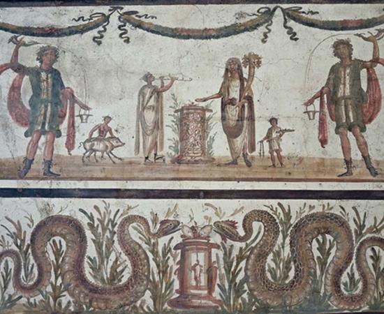 Fresco depicting two lares pouring wine from a drinking horn (rhyton) into a bucket (situla), they stand on either side of a scene of sacrifice, beneath a pair of serpents bringers of prosperity and abondance, Pompeii, Naples Archaeological Museum