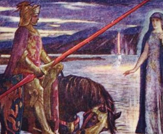 Illustration by H.J. Ford for Andrew Lang's Tales of Romance, 1919. "Arthur meets the Lady of the Lake and gets the Sword Excalibur" 