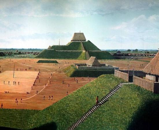 Re-creation of the great settlement of the Cahokia in Illinois.