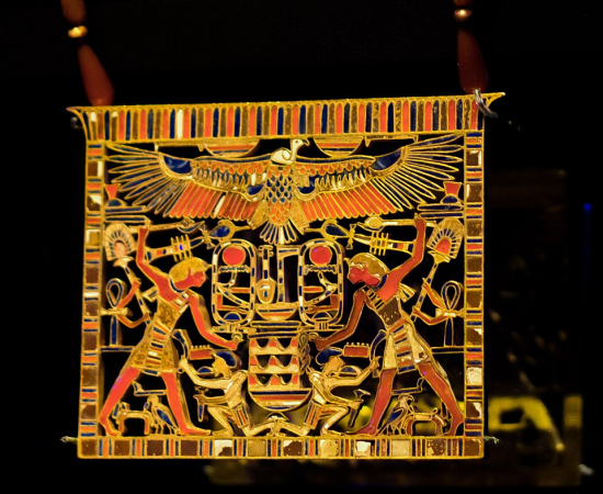 A 12th dynasty Egyptian Middle Kingdom pectoral made of gold and semi-precious stones (carnelian, turquoise, and lapis lazuli) belonging to Mereret, the daughter of King Senusret III and sister of King Amenemhat III