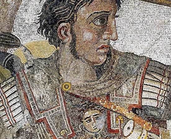 A Detail of Alexander the Great from the Alexander Mosaic discovered in Pompeii. The mosaic, created during the Roman Republic, is believed to preserve a lost Hellenistic image of Alexander
