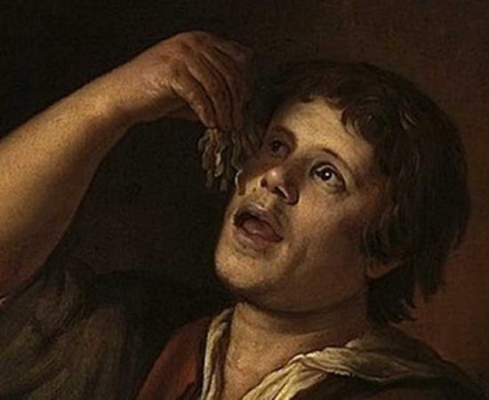 Detail of ‘Man eating noodles’ (1656) by Jan Vermeer van Utrecht.