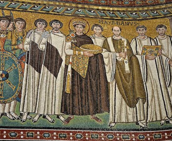 Mosaic of Emperor Justinian I and his retinue, from the Church of Sa Vitale in Ravenna, Italy. 