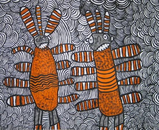 Nura Rupert, Australia, c.1933. Pitjantjatjara people, South Australia, Mamu (Spooky spirits) 2006, Ernabella, South Australia, synthetic polymer paint on linen 92x122cm. Ed and Sue Tweddell Fund for South Australian Contemporary Art 2006. Art Gallery of South Australia, Adelaide.            Source: © Nura Rupert, courtesy of Ernabella Arts.