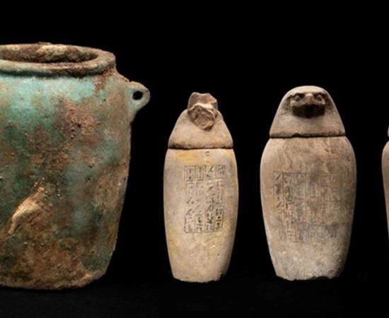 Canopic jars recently found at the Abusir site.	Source: Egyptian Antiquities Authority