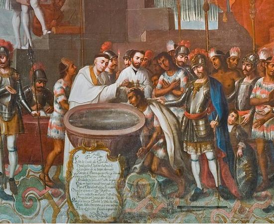 Part of ‘The Baptism of Ixtlilxóchitl of Texcoco,’ painted by José Vivar y Valderrama in the 18th century. 