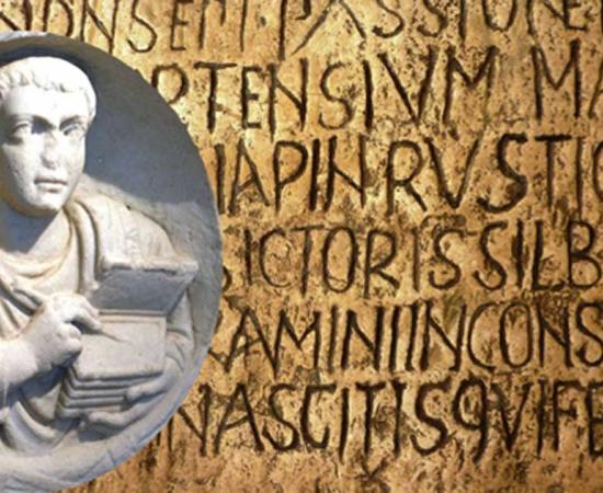 Relief from a scribe's tomb found in Flavia Solva. (Public Domain) Background: Latin stone inscription. 