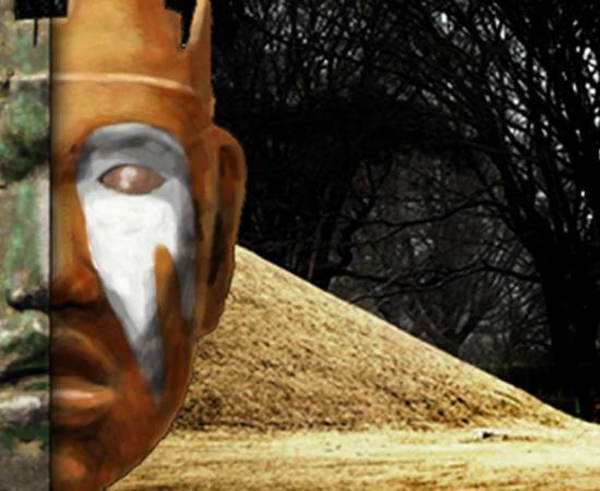 Illustration of the "Emmons mask", a Mississippian culture carved cedarwood human face shaped object once covered in copper and painted with galena and used as part of a headdress