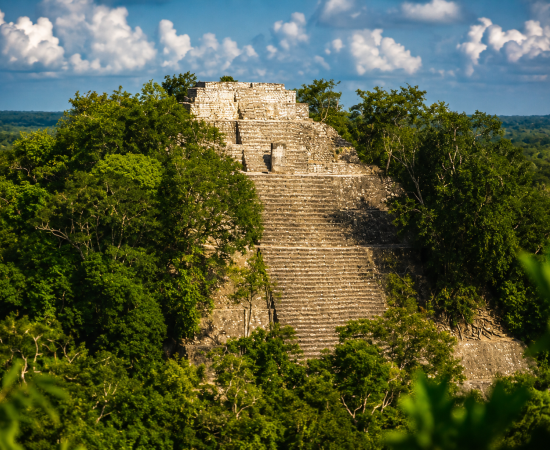 Aerial shot of Calakmul-style jungle ruins with visible structure. Calakmul pyramid rising above the jungle canopy in Campeche, Mexico.